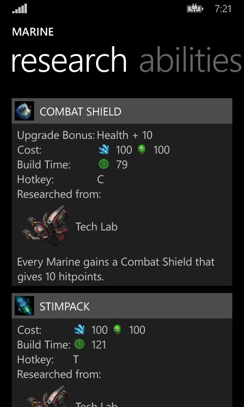 The unit screen Research tab